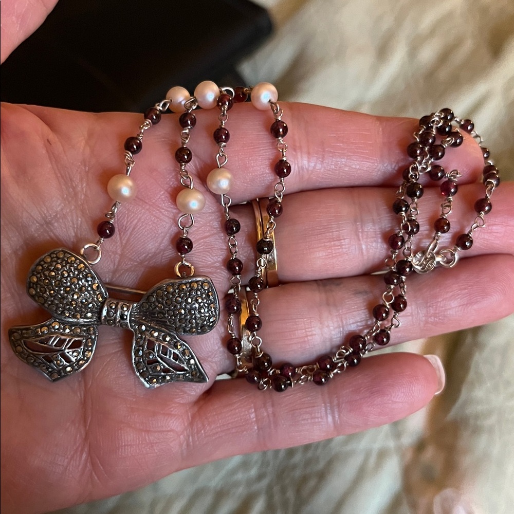 Art Nouveau Sterling Bow on Garnets + Pearls Artisan chain